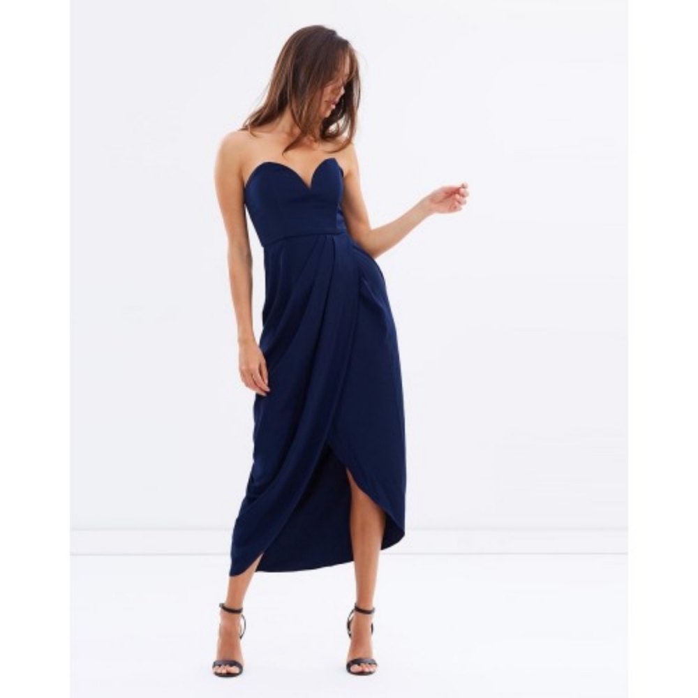 NWT Shona Joy U-Wire Bustier Navy Sweetheart Strapless Midi Dress Size 2 XS